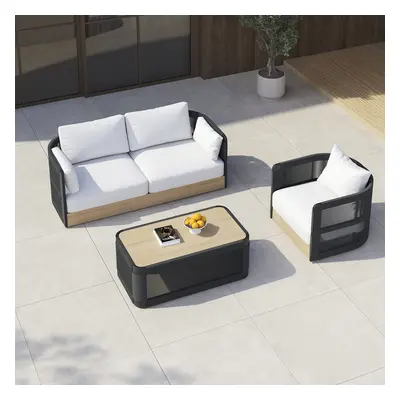 3-Pieces Modern Aluminum & Rope Outdoor Swivel Sofa Set with Coffee Table in Black for 4