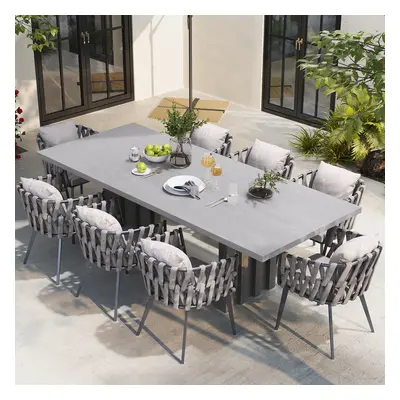 9 Pieces Grey Aluminum Outdoor Patio Dining Set with Extendable Table and Woven Armchair