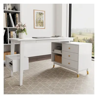 Ultic White L Shaped Home Office Desk Desk with Storage Drawers & Shelf Computer Desk (1200mm)