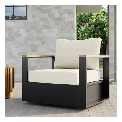 Outdoor Beige Wood & Aluminum Swivel Chair with Cushion