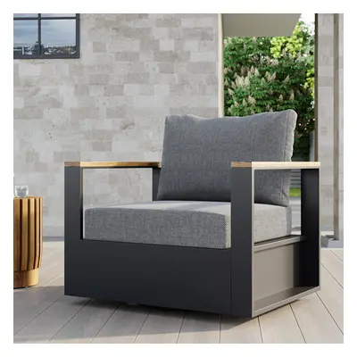 Wood & Aluminum Outdoor Swivel Chair Modern Yard & Patio Furniture in Gray Cushion Included