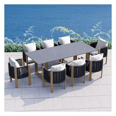 9 PCS 2200m Faux Marble Outdoor Dining Table Set with Woven Rope Chairs in Gray for 8 Person Pat