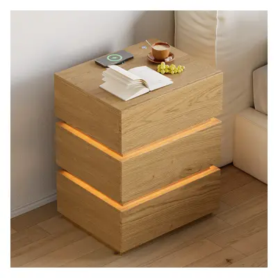 Smart LED Natural Nightstand Wireless Charging Station Wood Bedside Table with Light Modern