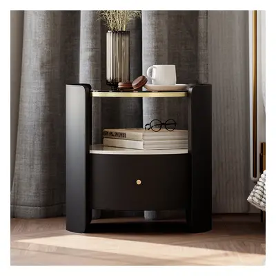 Modern Round Black Leather Nightstand with Glass Top & Sintered Stone Bedside with Shelf