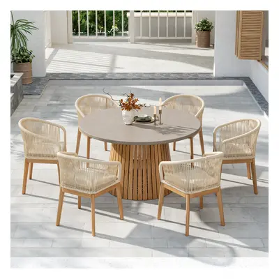 7 PCS Outdoor Round Cement & Teak Dining Table and Woven Rope Dining Chair Set Boho for 6 Person