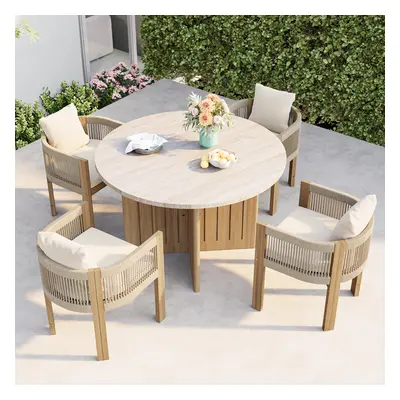 5 PCS Outdoor Round Cement & Teak Dining Table and Woven Rope Dining Chair Set Boho for 4 Person