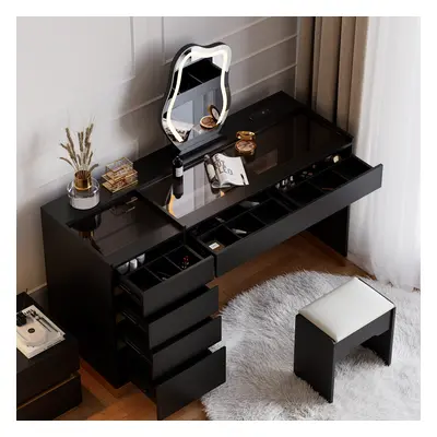 Modern Black Makeup Vanity Set with Lighted Vanity Mirror & Charging Station & Jewelry Storage D