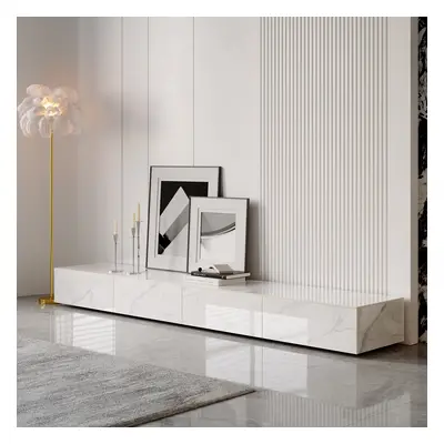 White 87" TV Stand Faux Marble with Storage