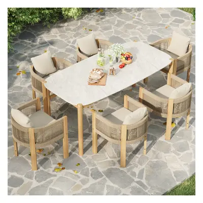 7 PCS Outdoor Round Cement & Teak Dining Table and Woven Rope Dining Chair Set Boho for 6 Person