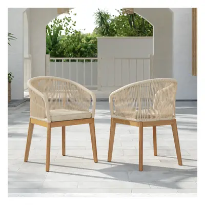 2 PCS Woven Rope & Teak Outdoor Dining Chair Boho Yard & Patio Furniture in Natural Cushion & P