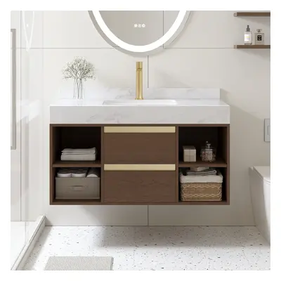 1000mm Floating Bathroom Vanity with Ceramic Basin 2 Drawers & Open Shelves in Walnut