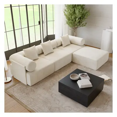 2800mm 4-Piece Modular White Performance Velvet L-Shape Sectional Sofa with Ottoman