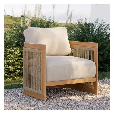 2 PCS Woven Rope & Teak Outdoor Dining Chair Boho Yard & Patio Furniture in Natural Cushion & P