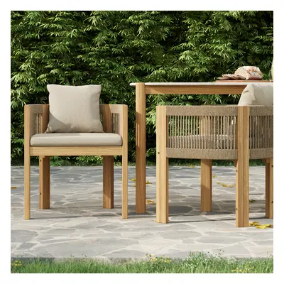 2 PCS Woven Rope & Teak Outdoor Dining Chair Boho Yard & Patio Furniture in Natural Cushion & P