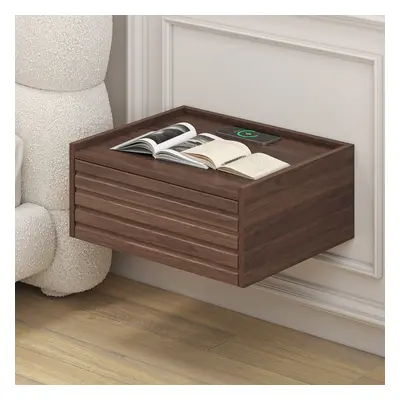 Wooden Floating Nightstand Modern Bedside Table with Charging Station