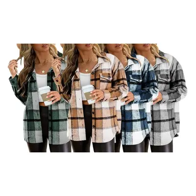 Women'sButton Down Plaid Shirts with Pockets, Green, UK10