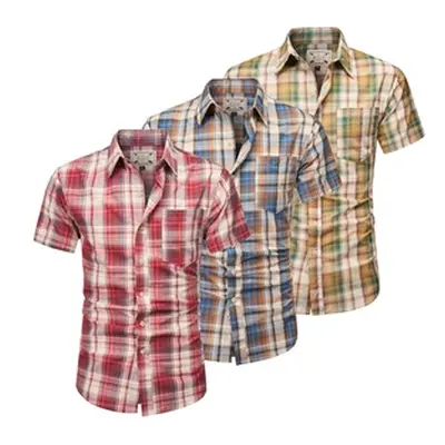 Men'sShort-Sleeve Checked Cotton Shirt, Blue and Tan,Size M