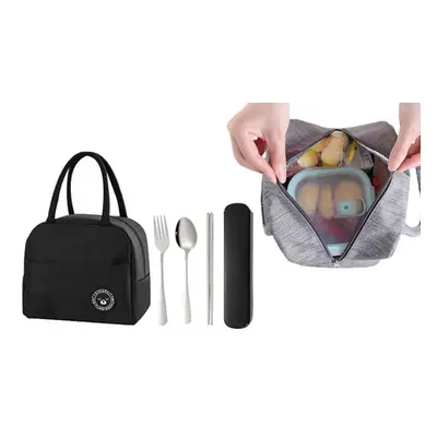 Insulated Lunch Bag and Three-Piece Cutlery Set, Black