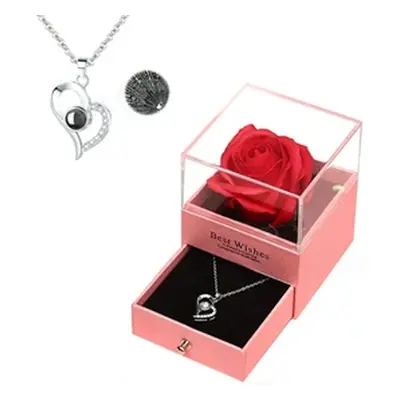 Valentine s Preserved Rose with I Love You Necklace in 100 Languages Gift Set,Blue Box