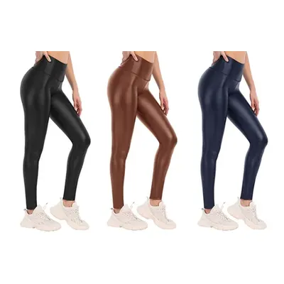 Plus Size Full-Length Wet Look Leggings with Elasticated Waistband, Camel,UK 20-22