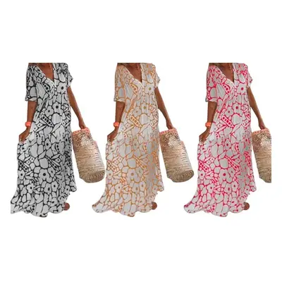 Printed Short Sleeve V Neck Long Dress, Pink,XL