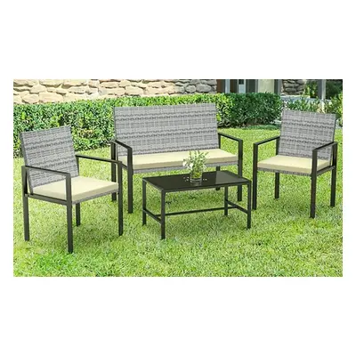 Rustic Wicker Patio Furniture Set with Glass Coffee Table, Grey