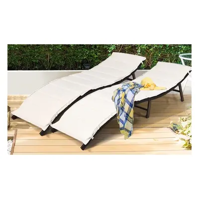 Two-Piece Folding Rattan Sun Loungers Chaise Lounge Chairs with Double-sided Cushions