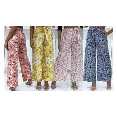 Printed Palazzo Trousers, Hibiscus Print Palazzo Trousers,L-XL,Light Blue