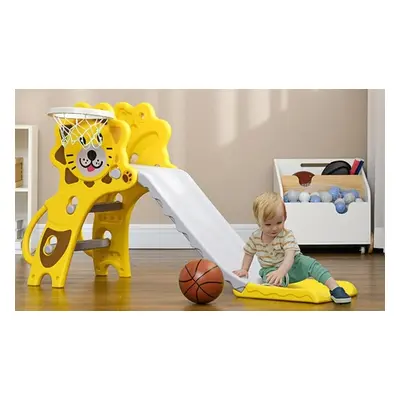 HomCom Kids Indoor Lion-Themed Slide with Basketball Hoop