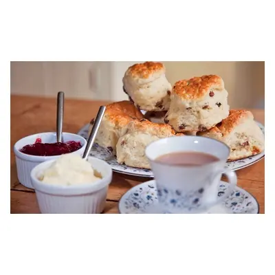 Large hot drink and scones with clotted cream and jam for two