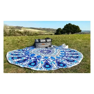 Round Mandala Design Table Cover, Blue and Orange,One