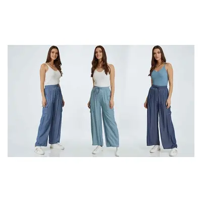 Wide Leg Denim Cargo Palazzo Trousers, Light Blue Denim, S-M