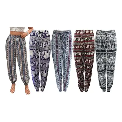 Printed Cotton Harem Travel Pants,Elephant-Stripe,Black-Blue ,S-M