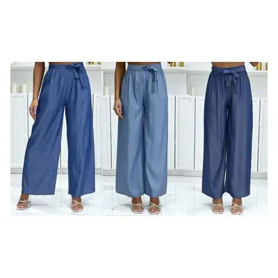 Women'sWide Leg Blue Belted Relaxed Fit Casual Trouser Pants, Navy Denim, L-XL