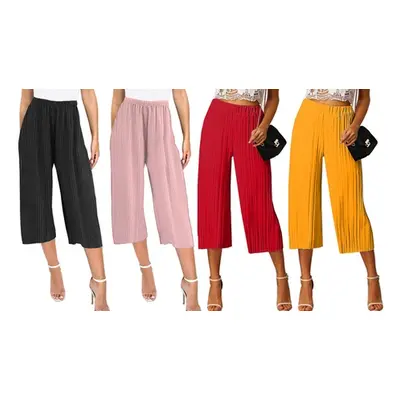 Women'sSummer 3,4 Wide Leg Ribbed Casual Trousers, Light Red,S-M