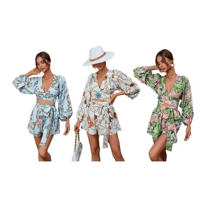 Women'sFloral-Print Tie Knot Wide-Leg Romper,Blue,UK12