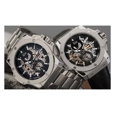 Reign Commodus Automatic Skeleton Watch, REIRN4002 Leather Band Watch Silver with Black