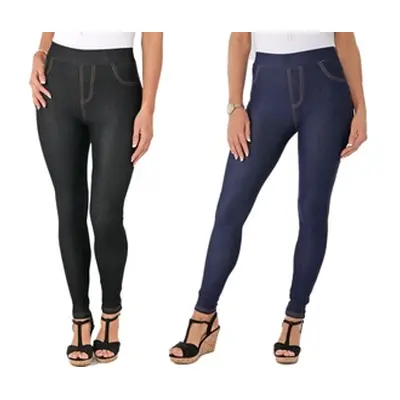 Plus Size High Waist Denim Look Leggings, Navy Blue,3XL-4XL,One