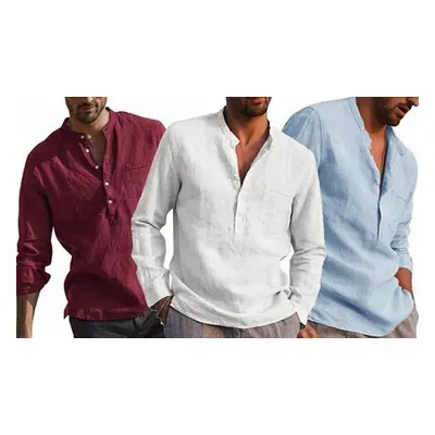 Men'sLong-Sleeved V-Neck Casual Linen Shirt, Blue,Size S