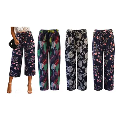 Women Printed Culottes Trousers, Navy Multi Leaf,S-M