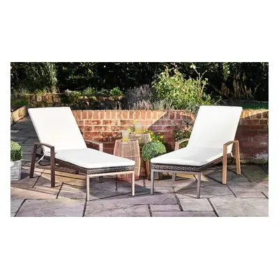 Set of 2 Rattan Recliner Sun Loungers Brown,Cream