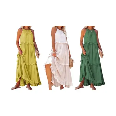 Womens Sleeveless Halter Maxi Dress, Yellow,L