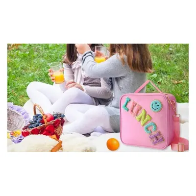 Embroidered Alphabet Smiley Face Portable Insulated Lunch Bag,Pink