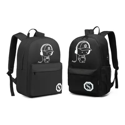 22L Children Glow In The Dark Backpack, 2 in1 USB Backpack Black