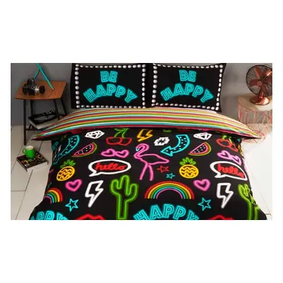 Reversible Be Happy Neon Design Duvet Set, Double