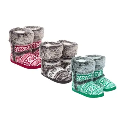 Ladies Knitted Fairisle Bootie Slippers, Green,UK 5 to 6