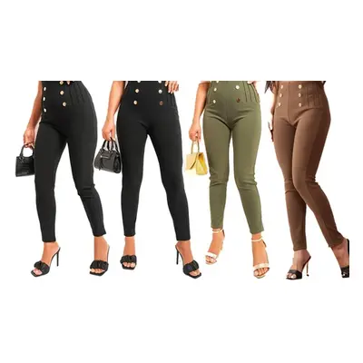 Women'sGold Button Waist Detail Stretch Fit Smart Trousers, Mocha,L-XL