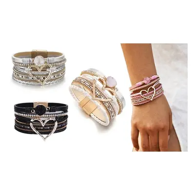 Heart-Pendant Wrap Bracelets, Black and White,Two