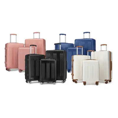 Sleek Striped Expandable ABS and PC Suitcases,One of Each,Cream and Brown,Three-Piece Set