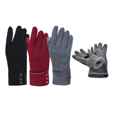 Womens Touchscreen Gloves with Button Details,Black + Winered,Two